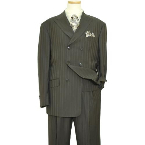 Extrema Dark Olive With Eggshell Pinstripes Double Breasted Super 120's Wool Vested Suit  S3031/32